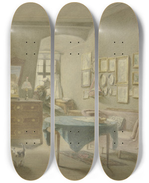 Triptych art skateboard deck of Angilbert Gbel Peasant Sitting Room by Angilbert Gobel (1821-1882)