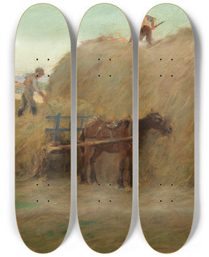 Triptych art skateboard deck of Harold Harvey Building The Hayrick by Harold Harvey (1874-1941)