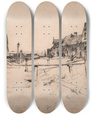 Triptych art skateboard deck of Sir Frank Short In Port Volendam by Sir Frank Short (1857-1945)