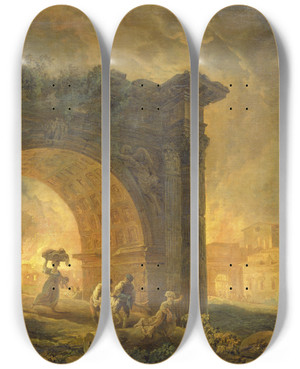 Triptych art skateboard deck of Hubert Robert Roman Ruins by Hubert Robert (1733-1808)