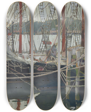 Triptych art skateboard deck of Caroline E Coit Idle Days Gloucester Massachusetts by Caroline E Coit