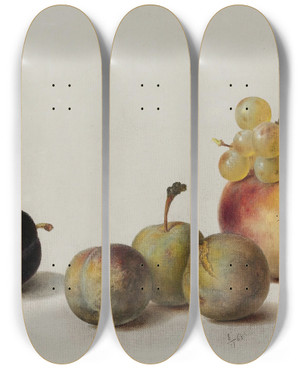Triptych art skateboard deck of Helen Searle Plums Peach And Grapes by Helen Searle (1834-1884)