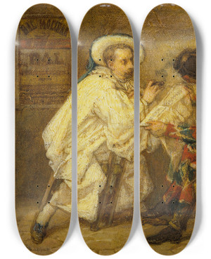 Triptych art skateboard deck of Thomas Couture Harlequin And Pierrot by Thomas Couture (1815-1879)