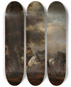 Triptych art skateboard deck of Philips Wouwerman The Bucking Grey by Philips Wouwerman (1619-1668)