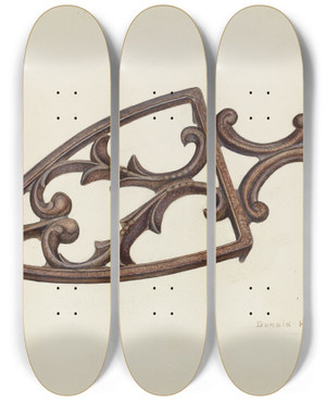 Triptych art skateboard deck of Donald Harding Flat Iron Stand by Donald Harding