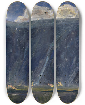 Triptych art skateboard deck of Ernst Schiess Mountain Lake With Nude Figures by Ernst Schiess (1872-1919)