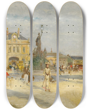 Triptych art skateboard deck of Georges Stein The Station At Vichy by Georges Stein (1870-1917)