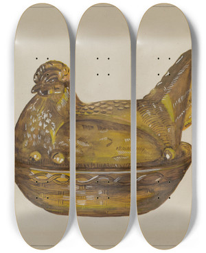 Triptych art skateboard deck of Katherine Hastings Hen On Dish by Katherine Hastings