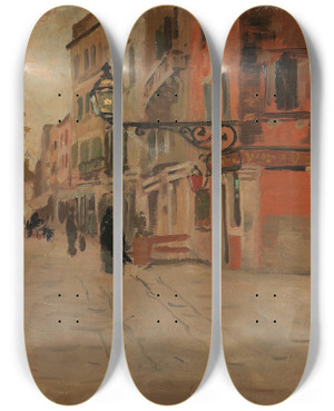 Triptych art skateboard deck of Frits Thaulow Street In Venice by Frits Thaulow (1847-1906)