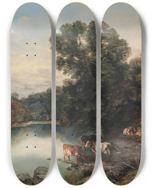 Triptych art skateboard deck of Thomas Sidney Cooper Cattle And Sheep At The Rivers Edge by Thomas Sidney Cooper (1803-1902)