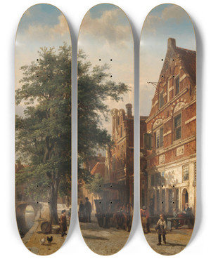 Triptych art skateboard deck of Cornelis Springer The Zuiderhavendijk Enkhuizen by Cornelis Springer (1817-1891)
