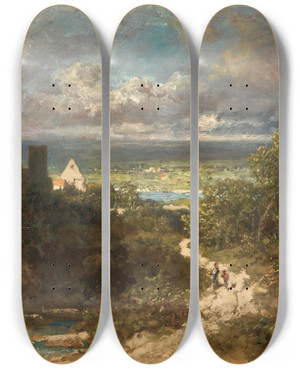 Triptych art skateboard deck of Carl Spitzweg Landscape With River by Carl Spitzweg (1808-1880)