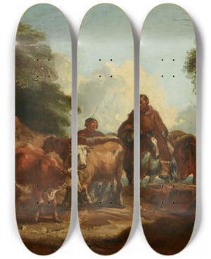 Triptych art skateboard deck of Thomas Barker Of Bath Cowherds With Cattle On A Dirt Road by Thomas Barker Of Bath (1769-1847)