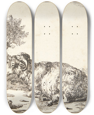 Triptych art skateboard deck of Marcus De Bye Liggende Vdder Vendt Mod Venstre by Marcus de Bye (1638-1688)
