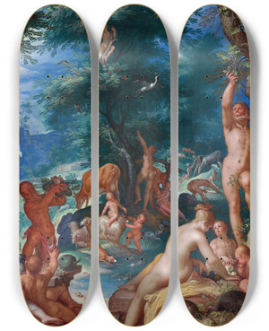 Triptych art skateboard deck of Joachim Wtewael The Golden Age by Joachim Wtewael (1566-1638)
