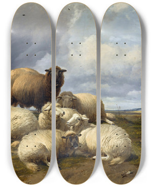 Triptych art skateboard deck of Thomas Sidney Cooper The Gathering Storm Canterbury Meadows by Thomas Sidney Cooper (1803-1902)