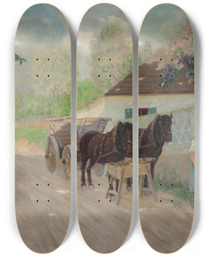 Triptych art skateboard deck of Jakob Koganowsky Pferdefuhrwerk Bei Der Rast by Jakob Koganowsky (1874-1926)