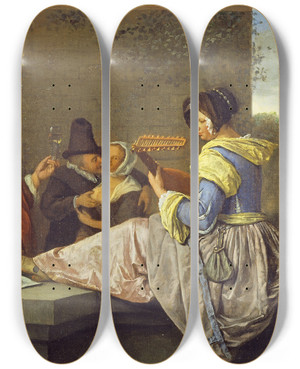 Triptych art skateboard deck of Jan Steen The Lute Player by Jan Steen (1626-1679)