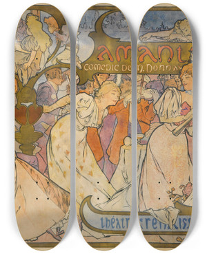 Triptych art skateboard deck of Alphonse Mucha Amants by Alphonse Mucha (1860-1939)