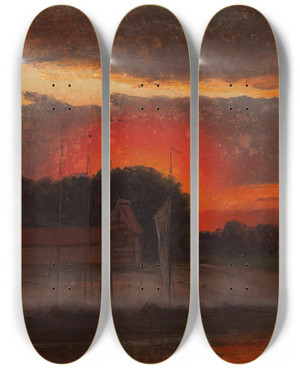 Triptych art skateboard deck of Knud Baade The Elbe In Sunset by Knud Baade (1808-1879)