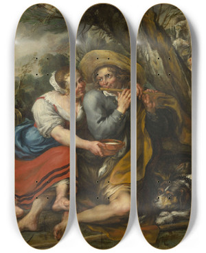 Triptych art skateboard deck of Jan Thomas Pastoral Scene by Jan Thomas (1617-1678)