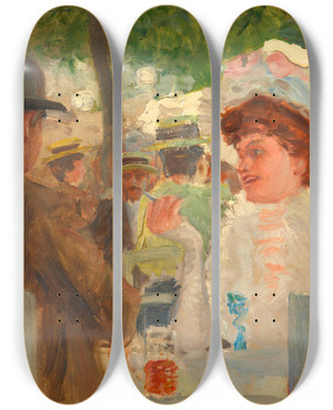 Triptych art skateboard deck of Josef Engelhart Praterszene In Einer Gaststtte by Josef Engelhart (1864-1941)