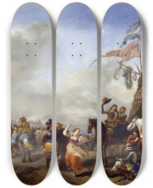 Triptych art skateboard deck of Philips Wouwerman A Camp Scene by Philips Wouwerman (1619-1668)