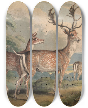Triptych art skateboard deck of Samuel Howitt Stag Doe And Fawns by Samuel Howitt (1756-1822)