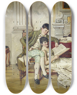 Triptych art skateboard deck of Isidor Kaufmann The Flirtatious Tutor by Isidor Kaufmann (1853-1921)