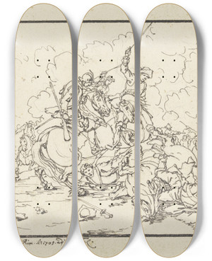 Triptych art skateboard deck of Georg Philipp Rugendas The Elder Equestrian Combat_1 by Georg Philipp Rugendas The Elder (1666-1743)