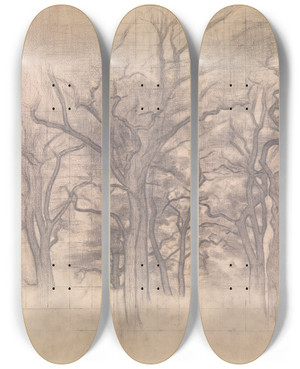 Triptych art skateboard deck of Vilhelm Hammershi Oak Trees by Vilhelm Hammershoi (1864-1916)