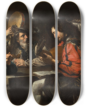 Triptych art skateboard deck of Valentin De Boulogne A Musical Party by Valentin De Boulogne (1594-1632)