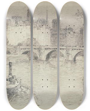Triptych art skateboard deck of Ferdinand Boberg La Cit Et Le Pontneuf by Ferdinand Boberg (1860-1946)