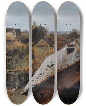 Triptych art skateboard deck of Carl Blechen View Of Roofs And Gardens by Carl Blechen (1798-1840)