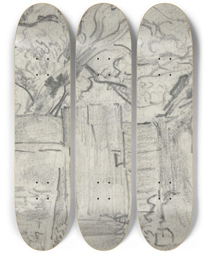 Triptych art skateboard deck of Anton Burger Gartenpfrtchen Mit Baum Dahinter by Anton Burger (1824-1905)