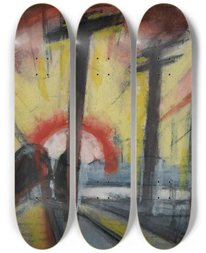 Triptych art skateboard deck of Oscar Bluemner Railroad Tracks Cityscape With Sun by Oscar Bluemner (1867-1938)