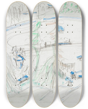 Triptych art skateboard deck of Ernst Ludwig Kirchner Talkessel Mit Husern Und Bahnlinie by Ernst Ludwig Kirchner (1880-1938)