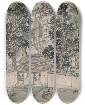 Triptych art skateboard deck of Shen Zhou Tigerflight Spring At The Back Gate by Shen Zhou (1427-1509)