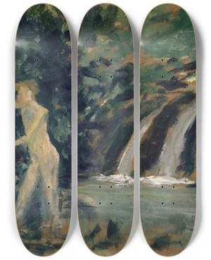 Triptych art skateboard deck of Ernst Schiess Bathing Boy In A River In The Woods by Ernst Schiess (1872-1919)