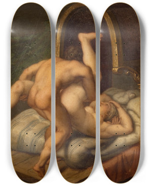 Triptych art skateboard deck of Agostino Carracci Nuditet Med Mand Og Kvinde_1 by Agostino Carracci (1557-1602)