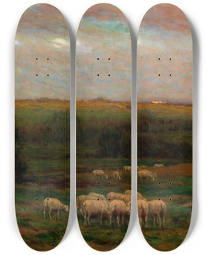 Triptych art skateboard deck of Carleton Wiggins Evening After A Shower_1 by Carleton Wiggins (1848-1932)