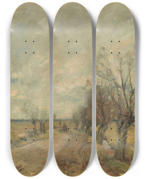 Triptych art skateboard deck of Rudolf Hckner Marschlandschaft Mit Weidenallee Und Reiter by Rudolf Hockner (1864-1942)