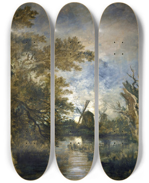 Triptych art skateboard deck of John Crome Moonlight On The Yare by John Crome (1768-1821)