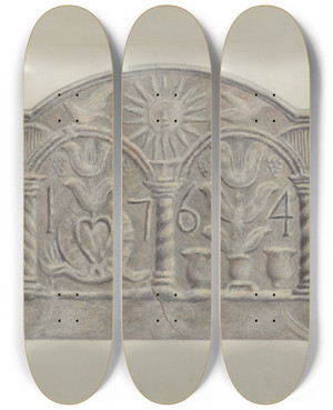 Triptych art skateboard deck of Edward L Loper Pa German Stove Plate by Edward L Loper (1916-2011)