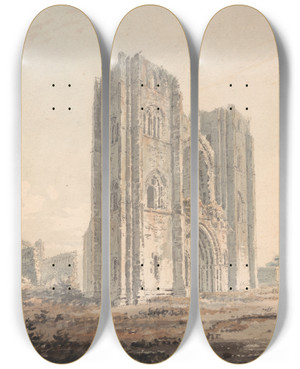 Triptych art skateboard deck of Edward Dayes Elgin Cathedral Moray by Edward Dayes (1763-1804)