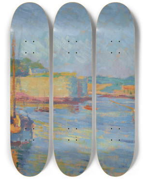 Triptych art skateboard deck of Jzef Pankiewicz Harbour At Concarneau by Jozef Pankiewicz (1866-1940)