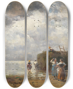 Triptych art skateboard deck of Joseph Wopfner Heuschiff Am Chiemsee by Joseph Wopfner (1843-1927)