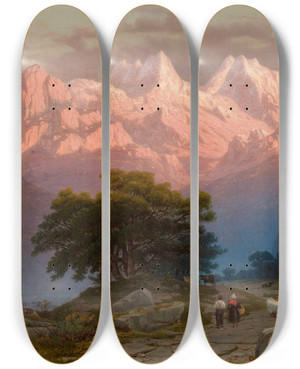 Triptych art skateboard deck of Jzef Marszewski Mountain Landscape With Staffage by Jozef Marszewski (1825-1883)