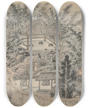 Triptych art skateboard deck of Shen Zhou Bamboo Pavilion Tiger Hill by Shen Zhou (1427-1509)
