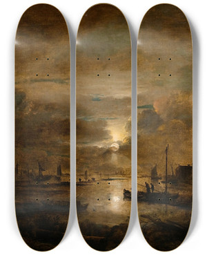 Triptych art skateboard deck of Aert Van Der Neer Moonlight At A Dutch River by Aert van der Neer (1603-1677)